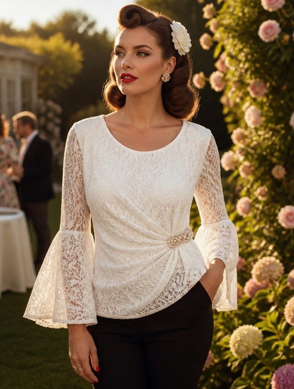 Alex Evenings Cream Lace Top with Jeweled Waist